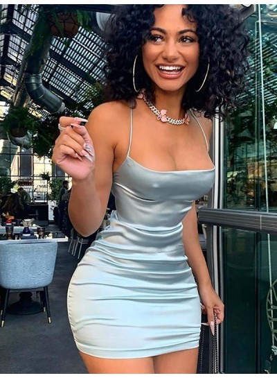 2023 Silver Sheath Spaghetti Straps Short Silk Like Satin Homecoming / Graduation Party Dresses
