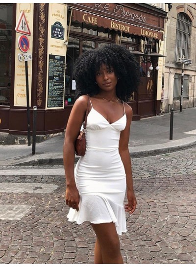 2023 White Column V-neck Spaghetti Straps Short Silk Like Satin Homecoming / Graduation Party Dresses