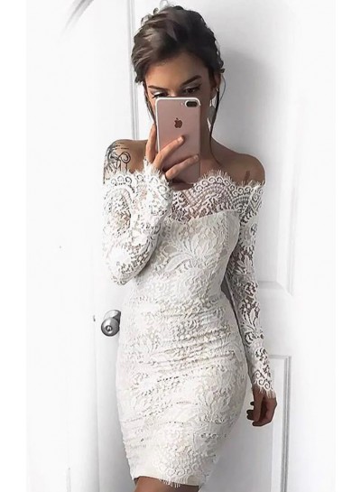 2023 White Off-the-Shoulder Long Sleeves Short Lace Appliques Homecoming / Graduation Party Dresses