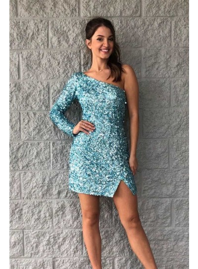 2023 Blue Column One Shoulder Long Length Split Front Zipper Sequins Mini Homecoming Dresses