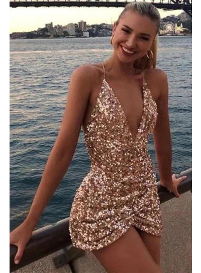 2023 Champagne Sheath Deep V-neck Sleeveless Short Sequins Homecoming Dresses