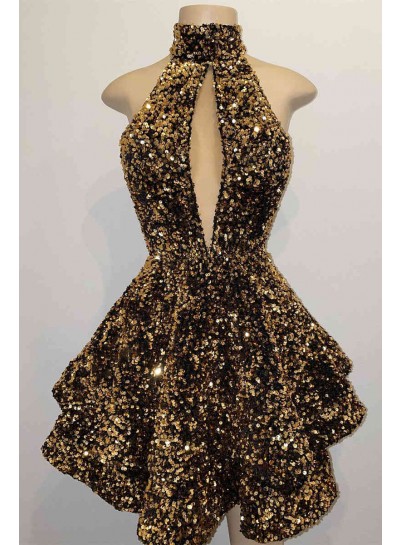 2023 Brown Ball Gown V-neck Halter Sleeveless Short Sequins Homecoming Dresses