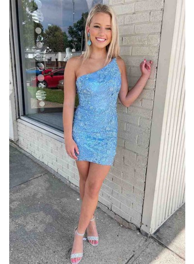 2023 Blue Column One Shoulder Sleeveless Zipper Short Sequins Homecoming Dresses