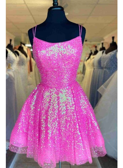 2023 Fuchsia A-line Spaghetti Straps Criss Cross Lace Up Short Sequins Homecoming Dresses