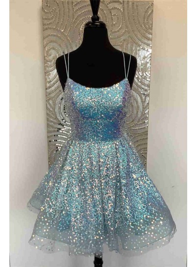 2023 Blue A-line Spaghetti Straps Lace Up Short Sequins Homecoming Dresses