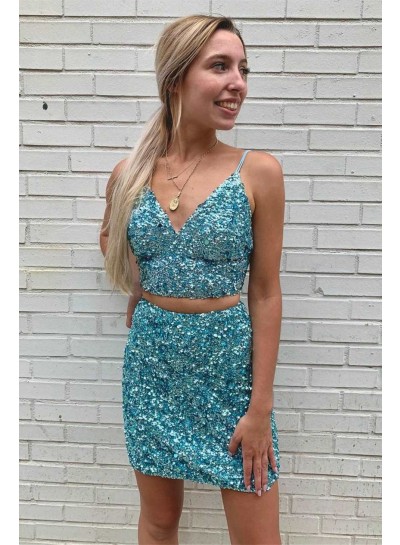 2023 Blue Sheath Spaghetti Straps Lace Up Short Sequins Homecoming Dresses
