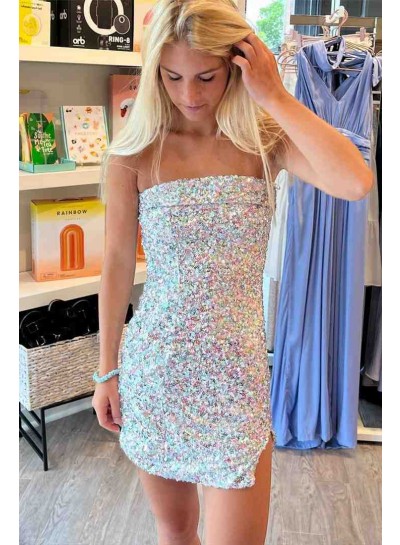 2023 White Sheath Strapless Mini Split Front Short Sequins Homecoming Dresses