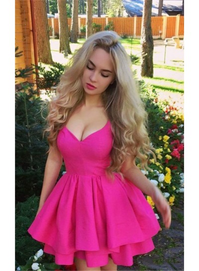 2023 Fuchsia Ball Gown V-neck Short Satin Layers Homecoming Dresses