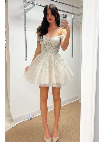 2023 White Off-the-Shoulder Short Sleeves Short Tulle Appliques Homecoming Dresses
