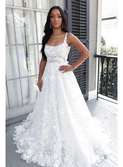 A-Line Princess Lace Spaghetti Straps Sleeveless Sweep/Brush Train Wedding Dresses 