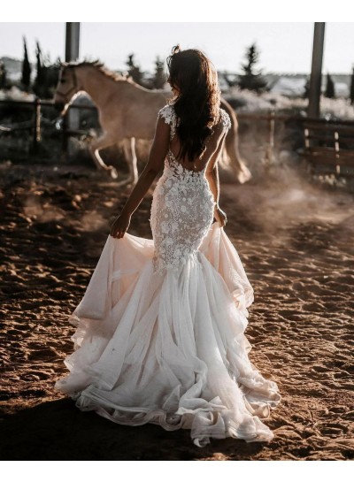 Trumpet/Mermaid Applique Tulle V-Neck Sleeveless Sweep Train Wedding Dresses