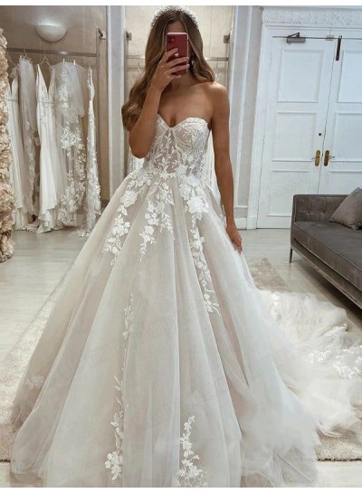 A-Line Princess Tulle Sweetheart Sleeveless Sweep Train Wedding Dresses with Applique