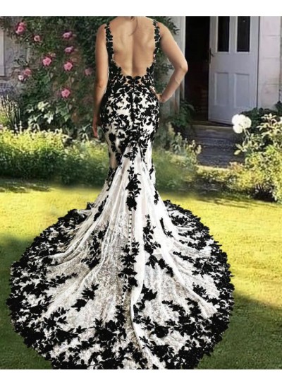 Sheath/Column Lace Applique Spaghetti Straps Backless Sweep Train Wedding Dresses