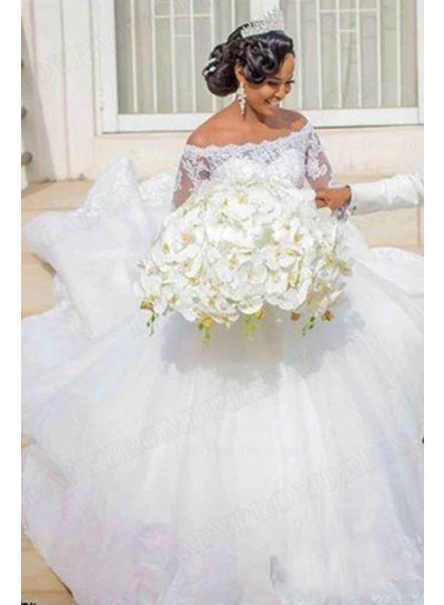 Off the Shoulder Lace Long Sleeves Ball Gown Sweep Train Wedding Dresses
