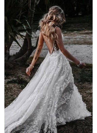 A-Line Tulle Applique Deep V-Neck Sleeveless Backless Sweep Train Wedding Dresses