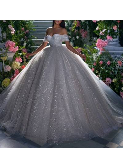 Ball Gown Tulle Off the Shoulder Sequin Sleeveless Sweep Train Wedding Dresses