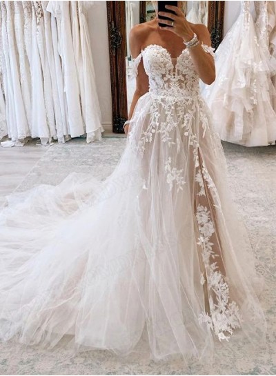 A-Line Tulle Off the Shoulder Applique Sleeveless Sweep Train Wedding Dresses