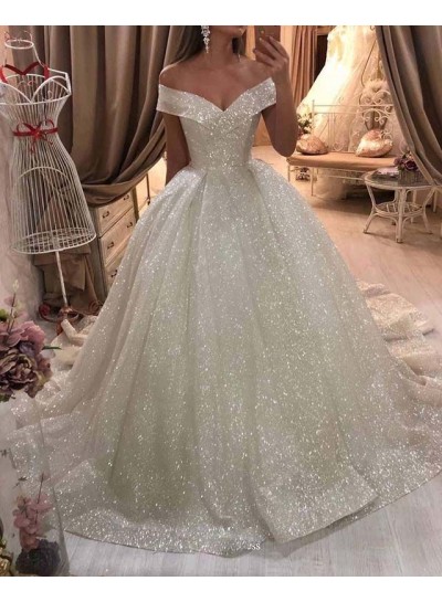 Ball Gown Off the Shoulder Sequin Sleeveless Sweep/Brush Train Wedding Dresses