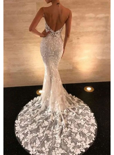 Mermaid/Trumpet Tulle Applique Spaghetti Straps Backless Sweep/Train Wedding Dresses
