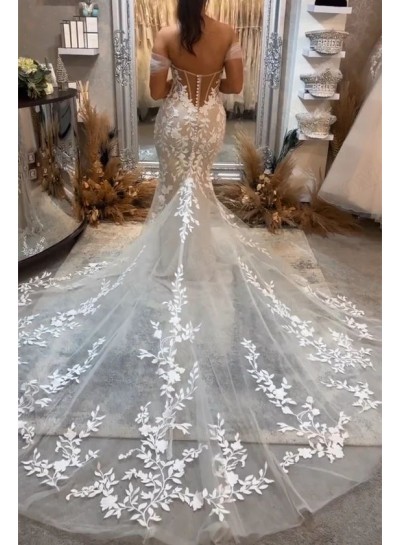 Off the Shoulder Applique Mermaid/Trumpet Tulle Sweep/Brush Train Wedding Dresses