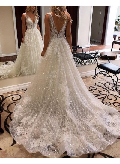 A-Line Princess V-Neck Sleeveless Lace Sequin Sweep/Brush Train Wedding Dresses