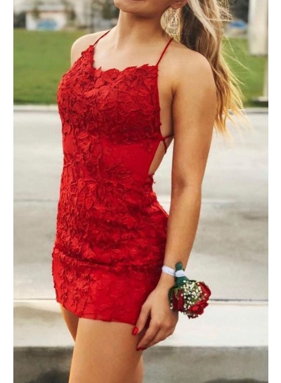 2023 Sheath/Column Halter Sleeveless Lace up Short/Mini Red Homecoming Dresses with Applique