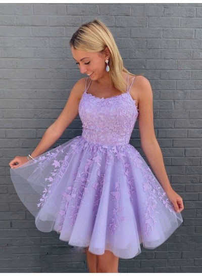 2023 A-line Princess Applique Tulle Spaghetti Straps Sleeveless Lilac Short/Mini Homecoming Dresses