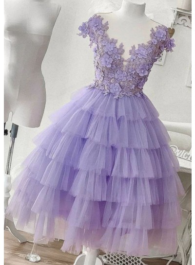2023 A-line Princess Tulle Layers V-neck Sleeveless Knee-Length Homecoming Dresses with Appliques