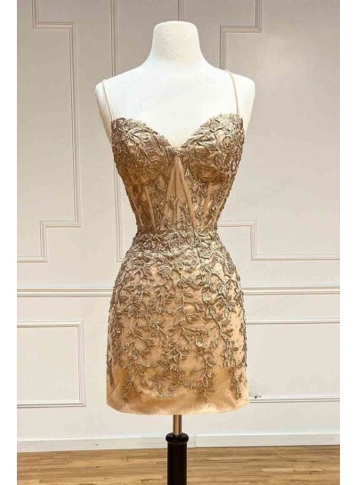 2023 Sheath/Column Spaghetti Straps Gold Applique Short/Mini Homecoming Dresses