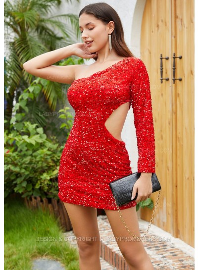 2023 Sequin Sheath/Column One shoulder Side Split Short/Mini Homecoming Dresses