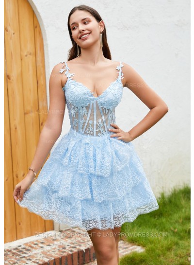 2023 A-line Princess Applique Spaghetti Straps Lace Short/Mini Homecoming Dresses