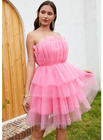 2023 A-line Princess Tulle Strapless Layers Sleeveless Short/Mini Homecoming Dresses