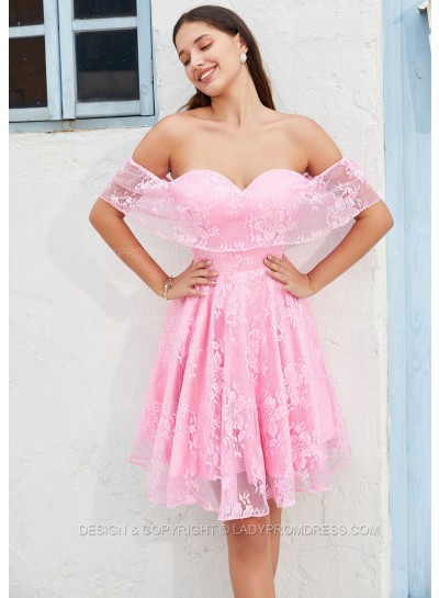 2023 A-line Princess Lace Off the Shoulder Back Zipper Short/Mini Homecoming Dresses