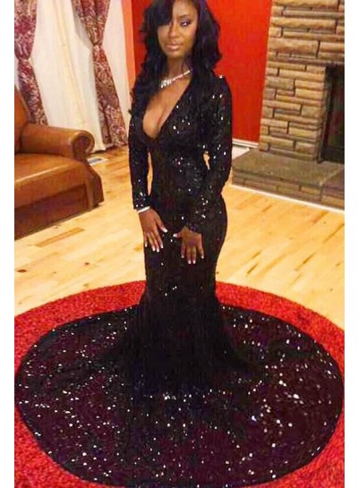 2023 Mermaid Long Sleeves Black Prom Dress