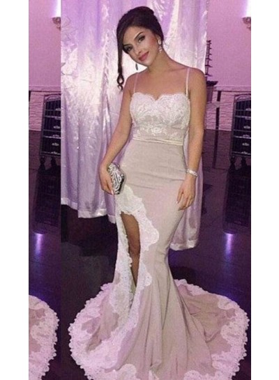 Appliques High-Slit Mermaid/Trumpet Stretch Satin Nude Prom Dresses