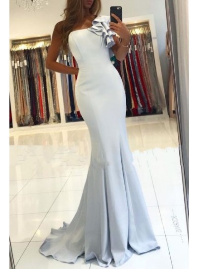 One Shoulder Light Sky Blue Sheath Prom Dresses