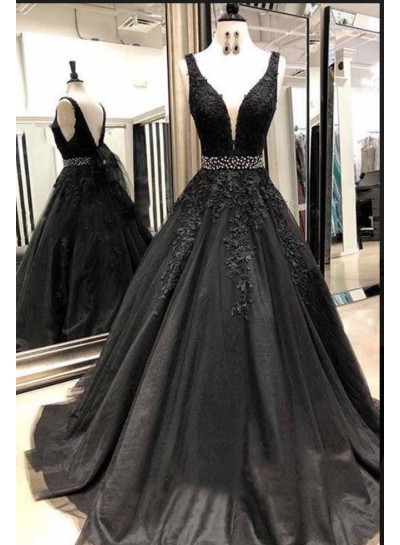 2023 Black V-neck Beaded Tulle Prom Dresses