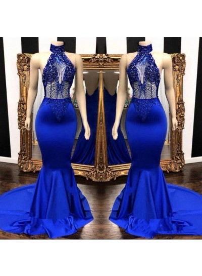2023 High Neck Beaded Mermaid Royal Blue Prom Dresses