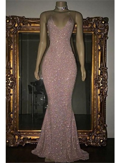 2023 Pink Halter Sequins Prom Dresses