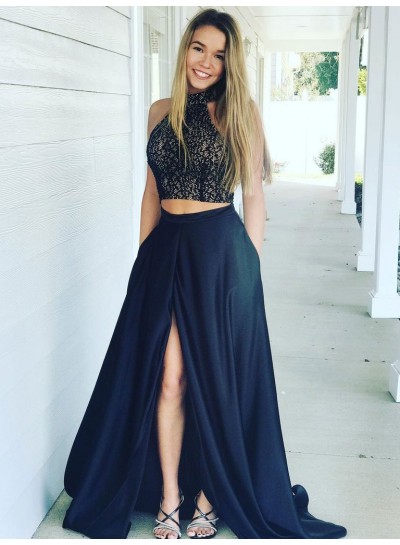 2023 Siren Princess/A-Line Satin Two Pieces Lace Black Prom Dresses