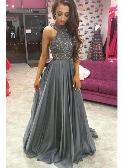2023 Chiffon Princess/A-Line Beaded Silver Prom Dresses