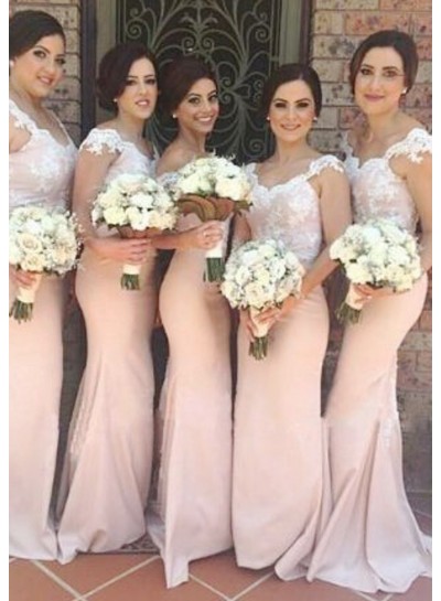 2024 Charming Mermaid Pearl Pink Off The Shoulder Satin Lace Long Bridesmaid Dresses / Gowns