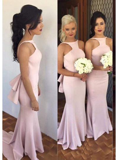 2024 New Arrival Satin Pink Backless High Neck Long Bridesmaid Dresses / Gowns