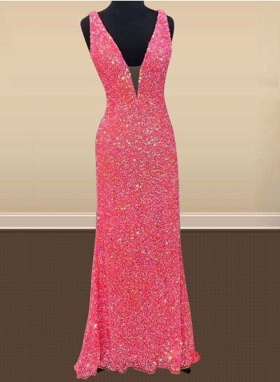 2023 Sheath/Column Sequins V-neck Sleeveless Sweep/Brush Train Prom Dresses
