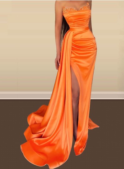 Column/Sheath Silk Like Satin Sweetheart Sweep/Brush Train Prom Dresses