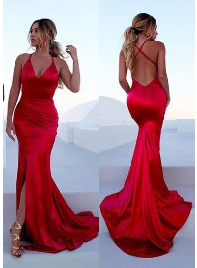 2023 Sexy Mermaid/Trumpet Red Side Slit Backless Prom Dresses