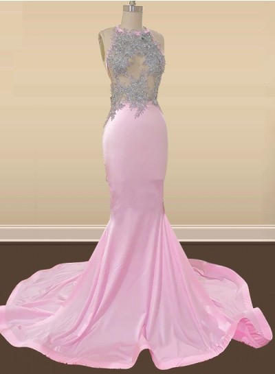 2023 Mermaid/Trumpet Satin Halter Sleeveless Sweep/Brush Train Prom Dresses