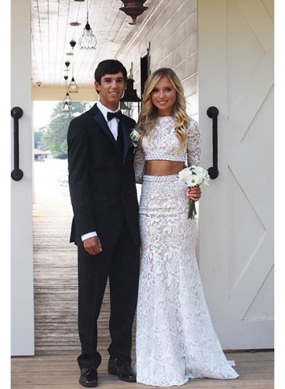 2024 Unique White Long Sleeve Mermaid/Trumpet Lace Two Pieces Prom Dresses