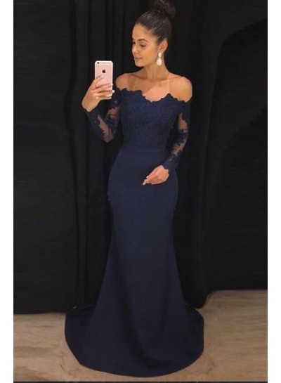 2024 Siren Mermaid/Trumpet Long Sleeves Dark Navy Satin Prom Dresses