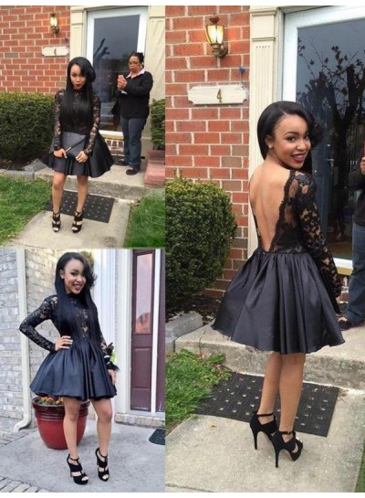 A-Line Princess Sleeveless Scoop Lace Satin Short Homecoming Dresses